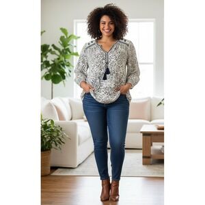 Lucky Brand Boho Embroidered Blouse 1X White Festival Flowy Artisan Modal Cotton